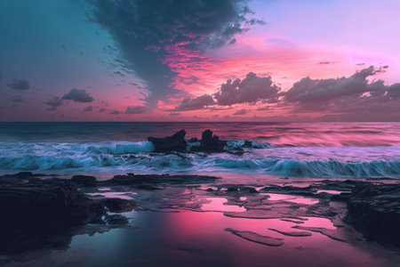 Sunset scenery with ocean, rock and sky with clouds created using generative ai technology. Landscape and nature concept digitally generated image.の素材