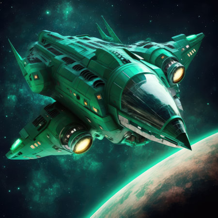 Spaceship flying in outer space over earth background, created using generative ai technology. Space travel and outer space concept digitally generated image.の素材