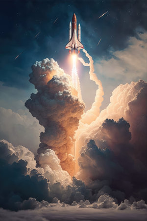 Spaceship taking off with clouds on blue background, created using generative ai technology. Space travel and outer space concept digitally generated image.の素材