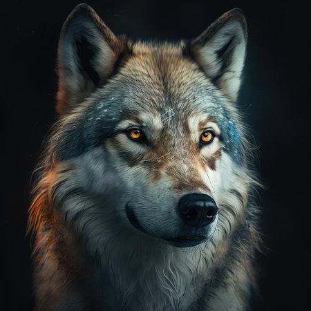 Portrait of close up of wolf, created using generative ai technology. Wildlife, wild animal and nature concept digitally generated image.の素材