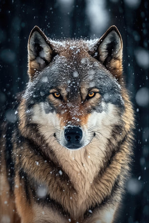Portrait of wolf with snow falling, created using generative ai technology. Wildlife, wild animal and nature concept digitally generated image.の素材