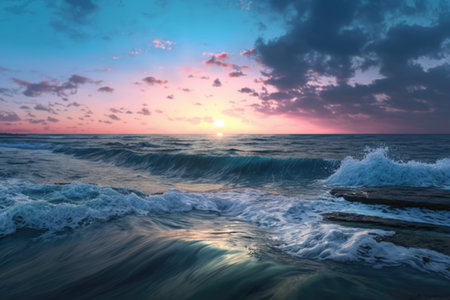 Sunset scenery with ocean, rock and sky with clouds created using generative ai technology. Landscape and nature concept digitally generated image.の素材