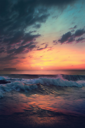Sunset scenery with ocean and sky with clouds created using generative ai technology. Landscape and nature concept digitally generated image.の素材