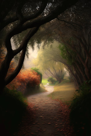 Forest scenery with trees, rocks and pathway created using generative ai technology. Autumn, landscape and nature concept digitally generated image.の素材