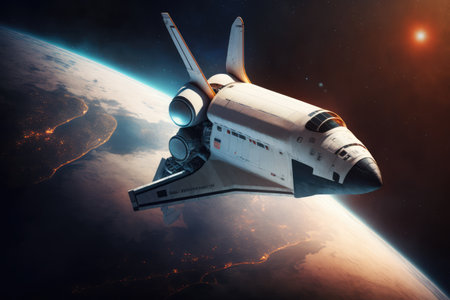 Spaceship flying in outer space over earth background, created using generative ai technology. Space travel and outer space concept digitally generated image.の素材