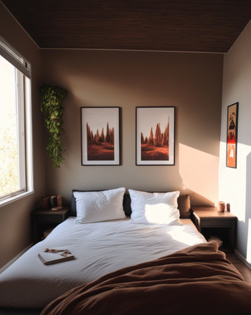 Bedroom interior with bed, paintings and plant created using generative ai technology. Interior and design concept digitally generated image.の素材