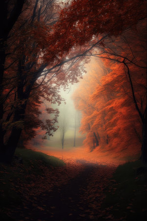 Forest scenery with trees and pathway created using generative ai technology. Autumn, landscape and nature concept digitally generated image.の素材