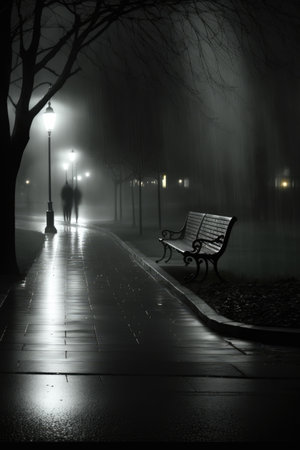 Bench in park on dark misty rainy night, created using generative ai technology. Park, mist and rain concept digitally generated image.の素材