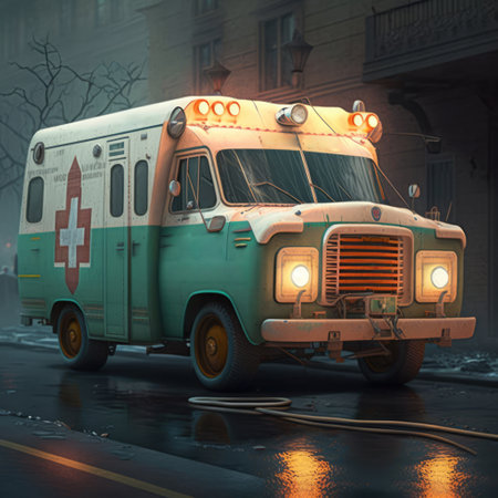 Ambulance parked in city street, created using generative ai technology. Ambulance and emergency medical services concept digitally generated image.の素材