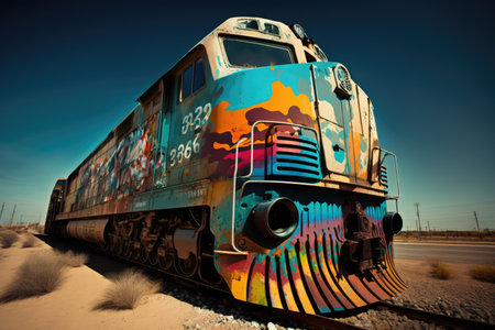 Train covered in colorful graffiti created using generative ai technology. Graffiti, urban art and colour concept digitally generated image.の素材