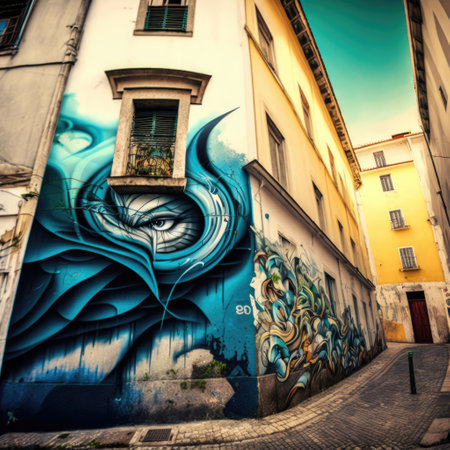 Alley with walls covered in colorful graffiti created using generative ai technology. Graffiti, urban art and colour concept digitally generated image.の素材