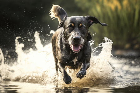 Black labrador dog running in water over grass created using generative ai technology. Animals, pets and nature concept digitally generated image.の素材