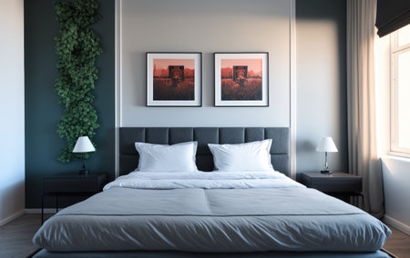 Bedroom interior with bed, paintings, lamps and plant created using generative ai technology. Interior and design concept digitally generated image.の素材