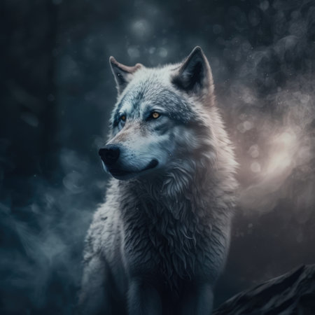 Portrait of close up of wolf, created using generative ai technology. Wildlife, wild animal and nature concept digitally generated image.の素材