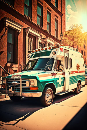 Ambulance parked in street with sunshine, created using generative ai technology. Ambulance and emergency medical services concept digitally generated image.の素材