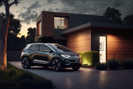 Grey electric car outside of house, created using generative ai technology. Electric car and eco transport concept digitally generated image.の素材