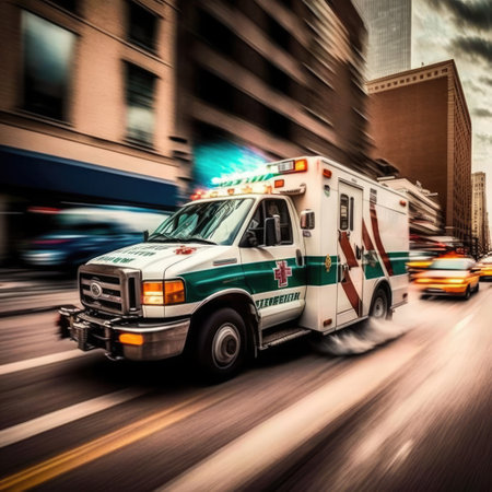 Ambulance driving in city street, created using generative ai technology. Ambulance and emergency medical services concept digitally generated image.の素材