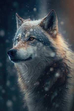 Portrait of wolf with snow falling, created using generative ai technology. Wildlife, wild animal and nature concept digitally generated image.の素材