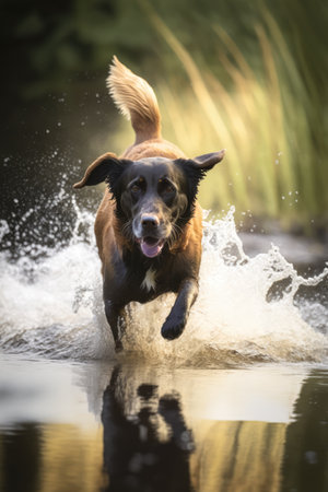 Black labrador dog running in water over grass created using generative ai technology. Animals, pets and nature concept digitally generated image.の素材