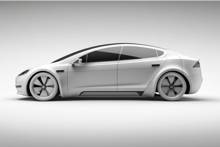 White electric car parked on white background, created using generative ai technology. Electric car and eco transport concept digitally generated image.の素材