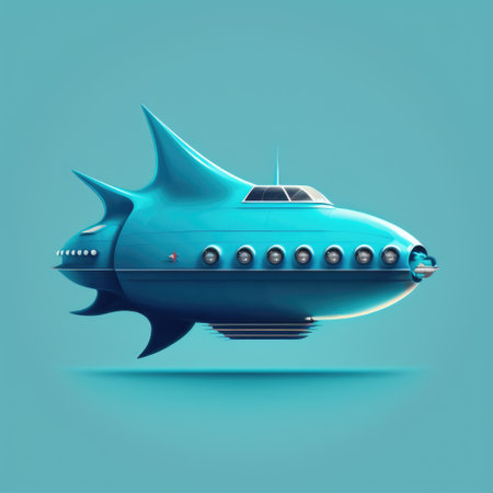 Blue spaceship flying on blue background, created using generative ai technology. Space travel and outer space concept digitally generated image.の素材