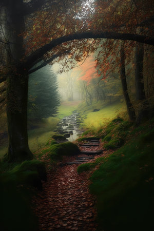 Forest scenery with trees, rocks and stream created using generative ai technology. Autumn, landscape and nature concept digitally generated image.の素材
