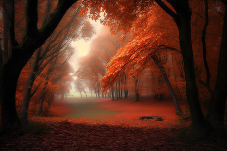 Forest scenery and trees with red leaves created using generative ai technology. Autumn, landscape and nature concept digitally generated image.の素材