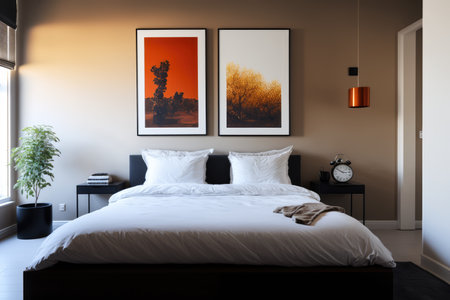 Bedroom interior with bed, paintings alarm clock and plant created using generative ai technology. Interior and design concept digitally generated image.の素材