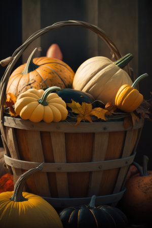 Wooden basket with colorful pumpkins and autumn leaves created using generative ai technology. Autumn, halloween and nature concept digitally generated image.の素材