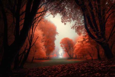 Forest scenery and trees with red leaves created using generative ai technology. Autumn, landscape and nature concept digitally generated image.の素材