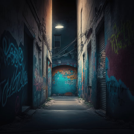 Alley with walls covered in colorful graffiti created using generative ai technology. Graffiti, urban art and colour concept digitally generated image.の素材