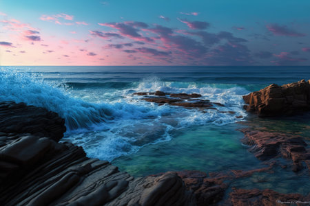 Sunset scenery with ocean, rock and sky with clouds created using generative ai technology. Landscape and nature concept digitally generated image.の素材