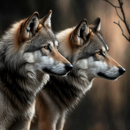 Portrait of close up of two wolves, created using generative ai technology. Wildlife, wild animal and nature concept digitally generated image.の素材