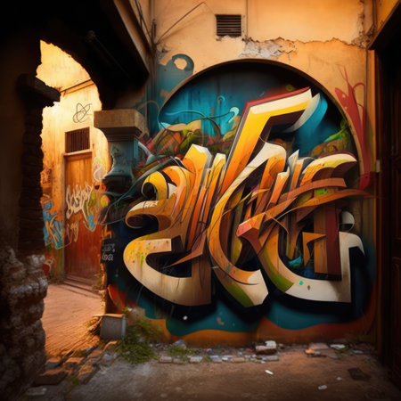 Alley with wall covered in colorful graffiti created using generative ai technology. Graffiti, urban art and colour concept digitally generated image.の素材