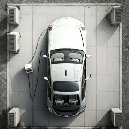 White electric car charging on grey background, created using generative ai technology. Electric car and eco transport concept digitally generated image.の素材