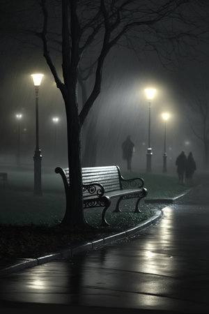 Bench in park by street lamps on dark misty rainy night, created using generative ai technology. Park, mist and rain concept digitally generated image.の素材