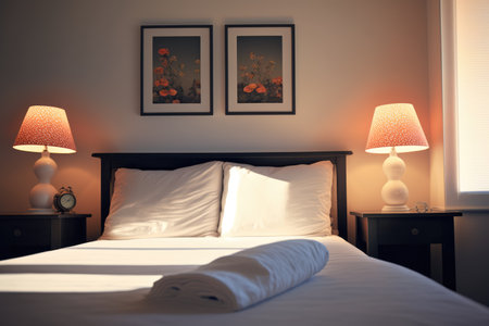 Bedroom interior with bed, paintings and lamps created using generative ai technology. Interior and design concept digitally generated image.の素材