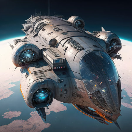 Spaceship flying in outer space over earth background, created using generative ai technology. Space travel and outer space concept digitally generated image.の素材