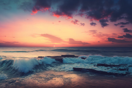 Sunset scenery with ocean, rock and sky with clouds created using generative ai technology. Landscape and nature concept digitally generated image.の素材