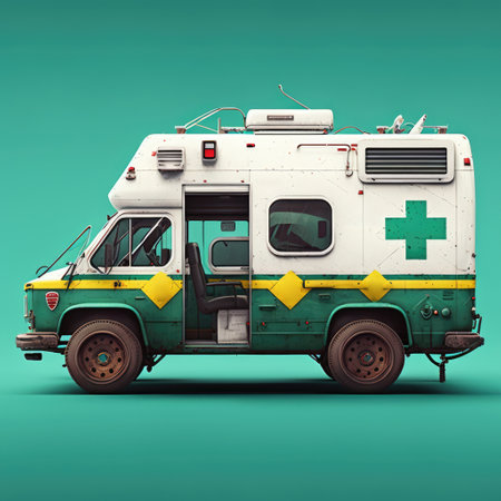 Ambulance parked on green background, created using generative ai technology. Ambulance and emergency medical services concept digitally generated image.の素材