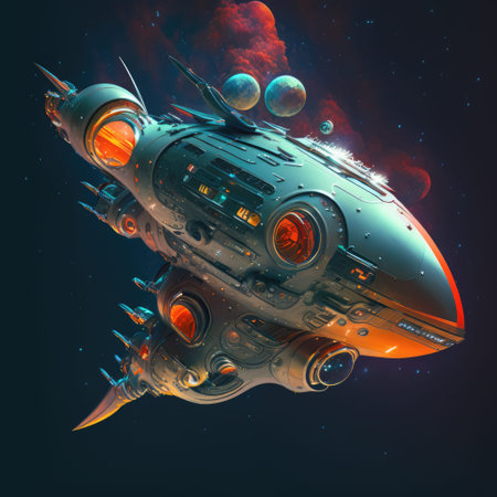 Spaceship flying over black background, created using generative ai technology. Space travel and outer space concept digitally generated image.の素材