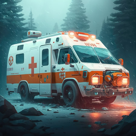 Ambulance parked in misty forest, created using generative ai technology. Ambulance and emergency medical services concept digitally generated image.の素材