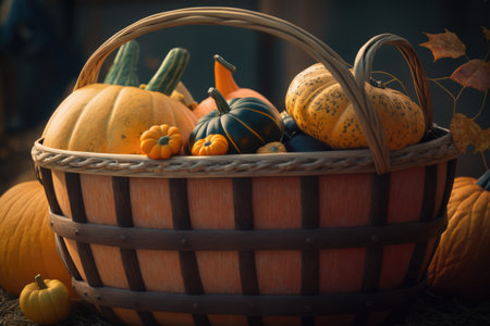 Wooden basket with colorful pumpkins and autumn leaves created using generative ai technology. Autumn, halloween and nature concept digitally generated image.の素材