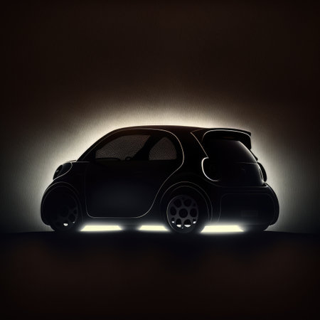 Black electric car parked on black background, created using generative ai technology. Electric car and eco transport concept digitally generated image.の素材