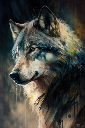 Portrait close up of wolf, created using generative ai technology. Wildlife, wild animal and nature concept digitally generated image.の素材