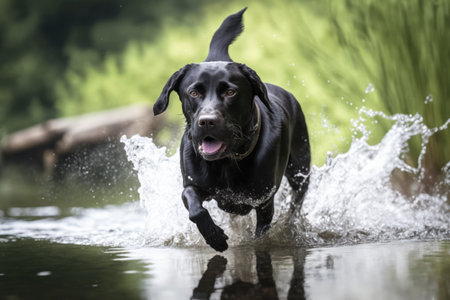 Black labrador dog running in water over grass created using generative ai technology. Animals, pets and nature concept digitally generated image.の素材