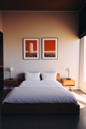 Bedroom interior with bed, paintings and lamps created using generative ai technology. Interior and design concept digitally generated image.の素材