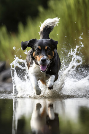 Black dog running in water over grass created using generative ai technology. Animals, pets and nature concept digitally generated image.の素材
