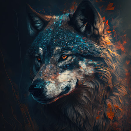 Portrait of close up of wolf, created using generative ai technology. Wildlife, wild animal and nature concept digitally generated image.の素材