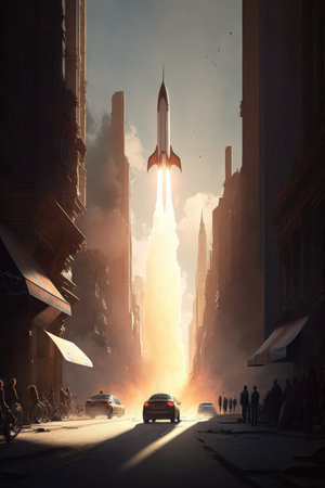 Spaceship taking off with flames over street with cars, created using generative ai technology. Space travel and outer space concept digitally generated image.の素材